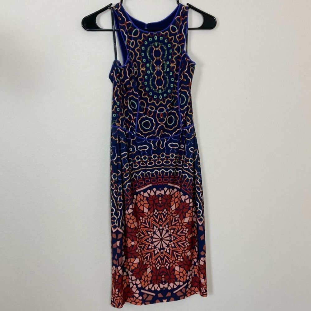 Analili Sleeveless Mandala Print Sheath Dress Navy Orange Racerback Keyhole Back
